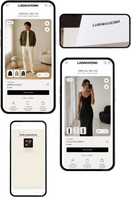 LuisaViaRoma virtual try-on and digital passport phone mockups