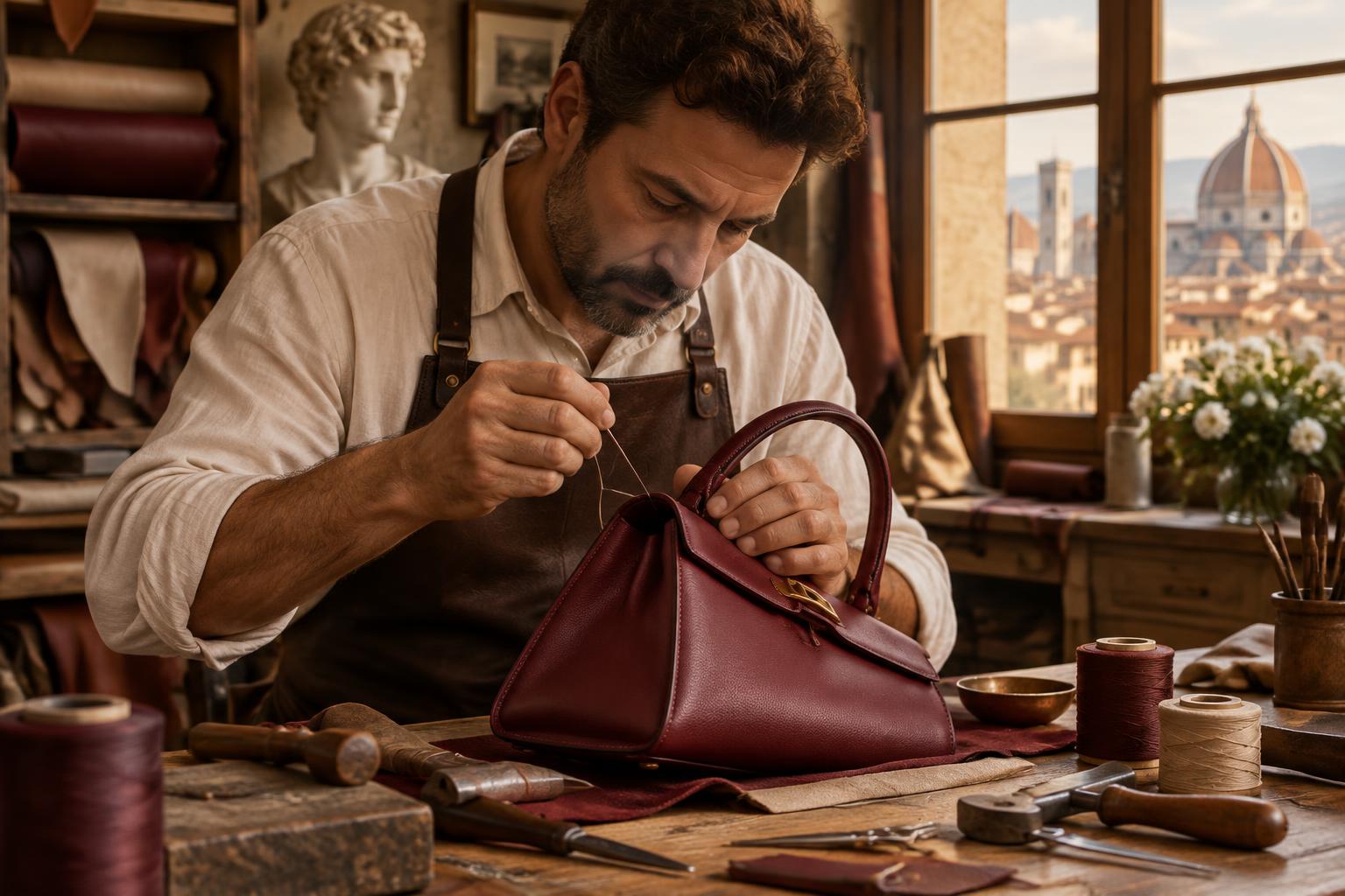 Florentine artisan repairing a leather handbag