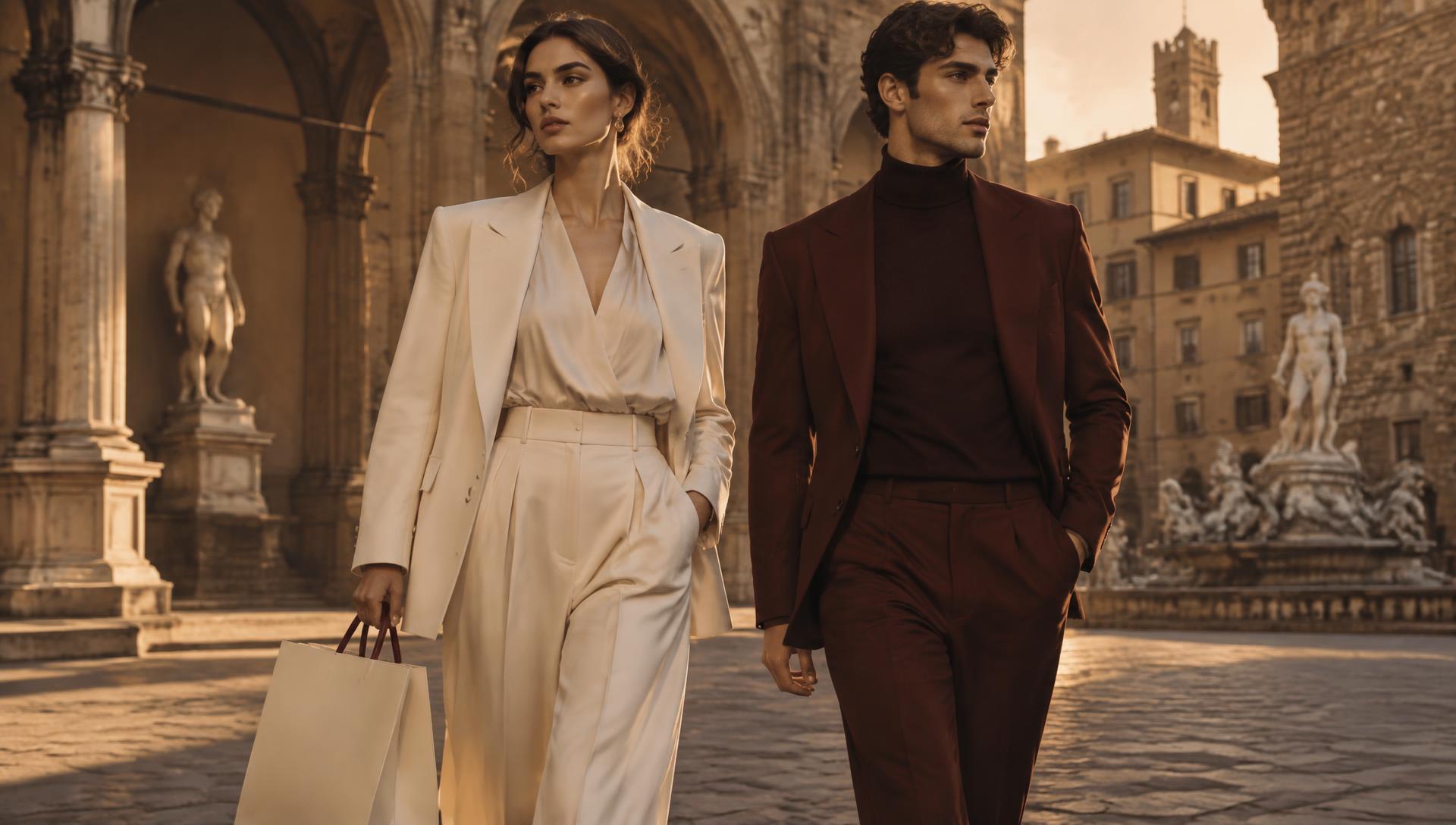 Two models walking through a Florentine courtyard