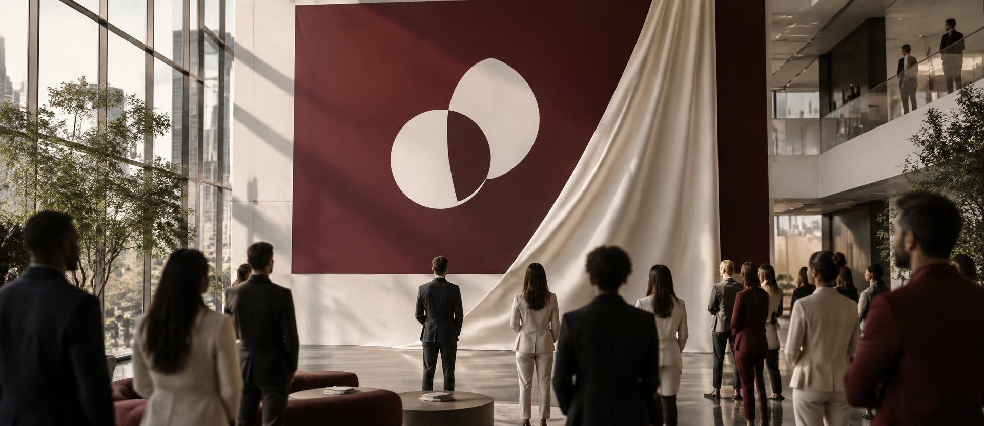 Team gathered as a new brand identity is unveiled in an office atrium