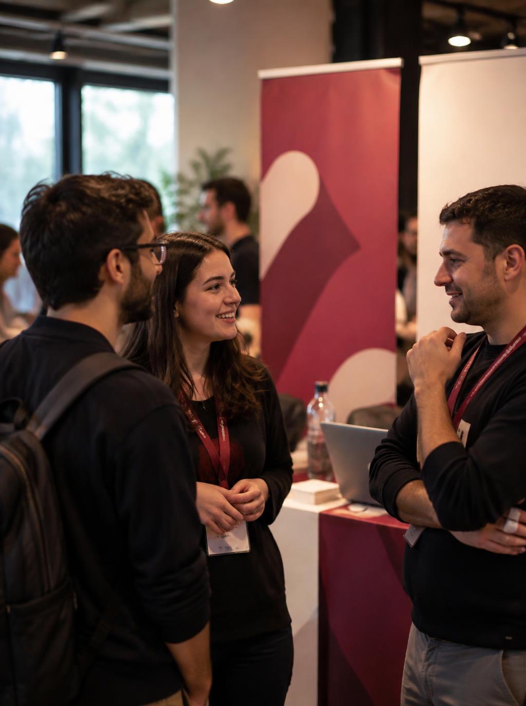 Branded event booth with colleagues in conversation